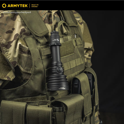 Armytek Barracuda Pro Max searchlight attached to backpack for extended outdoor missions
