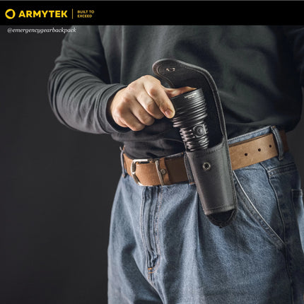 Armytek Barracuda Pro Max flashlight carried on belt for field deployment
