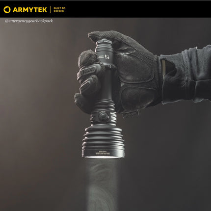 Armytek Barracuda Pro Max searchlight handheld showing large head and ergonomic grip
