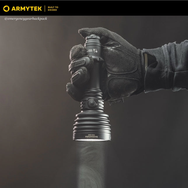Armytek Barracuda Pro Max searchlight handheld showing large head and ergonomic grip
