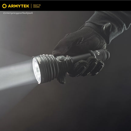 Armytek Barracuda Pro Max long range flashlight beam projection in dark environment
