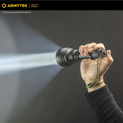 Armytek Barracuda Pro Max searchlight beam demonstrating focused hotspot at long distance
