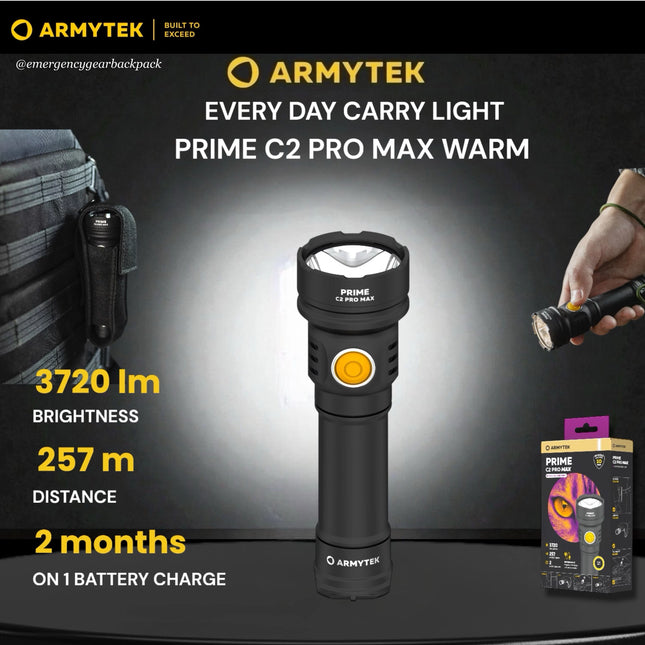 Armytek Prime C2 Pro Max Warm everyday carry flashlight with 3720 lumens and 257 meter beam distance