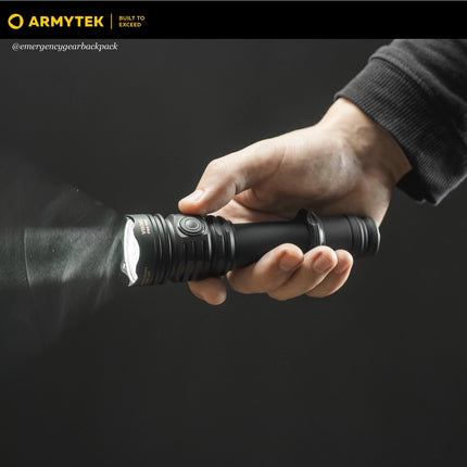 Armytek Viking Pro Max flashlight in hand showing full body and grip ergonomics