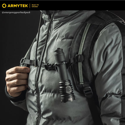 Armytek Viking Pro Max flashlight mounted on tactical vest outdoor use
