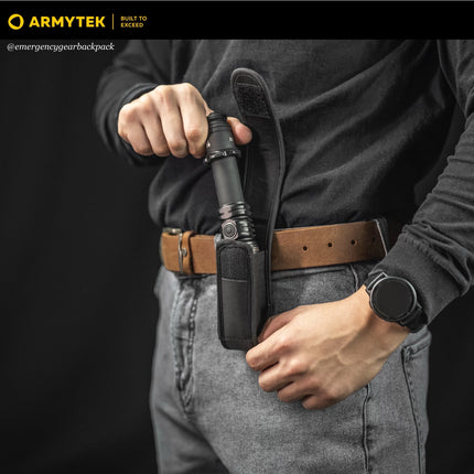 Armytek Viking Pro Max flashlight carried on belt with nylon holster