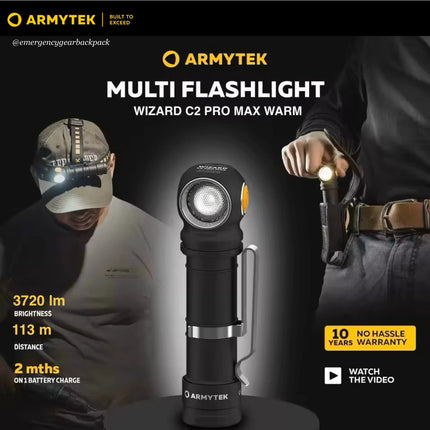 Armytek Wizard C2 Pro MAX WARM multi flashlight with features and branding on a dark background