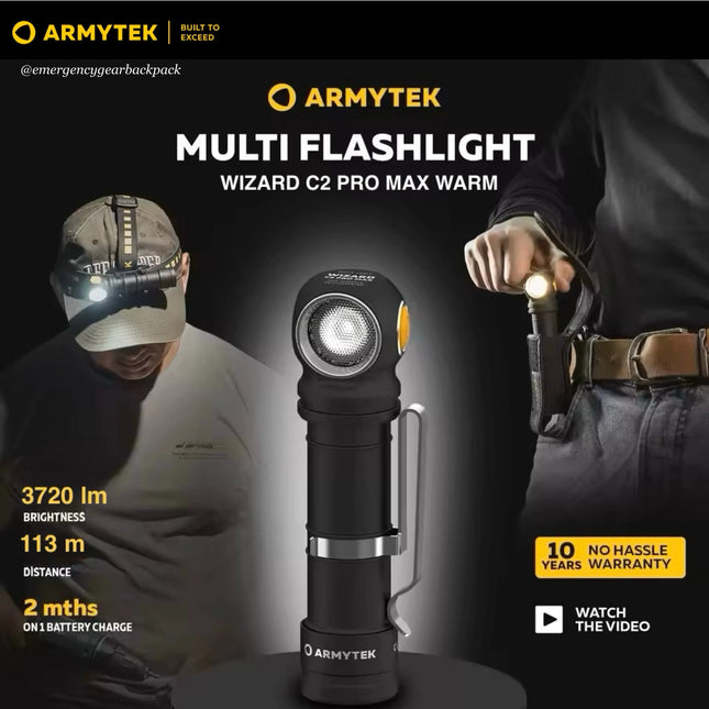 Armytek Wizard C2 Pro MAX WARM multi flashlight with features and branding on a dark background