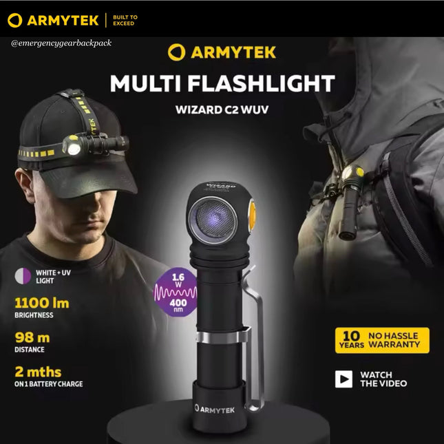 Armytek Wizard C2 WUV multi-flashlight with helmet mount and field usage overview
