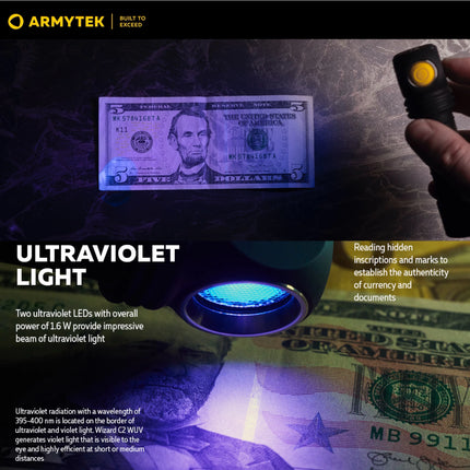 Armytek Wizard C2 WUV ultraviolet banknote verification security inspection example