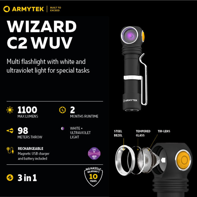 Armytek Wizard C2 WUV dual-channel white and UV 400nm headlamp product hero image
