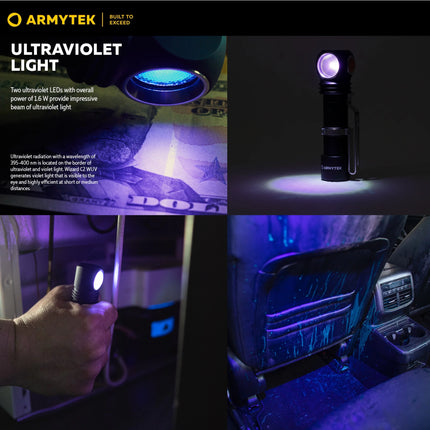 Armytek ultraviolet light flashlight being used in various settings.