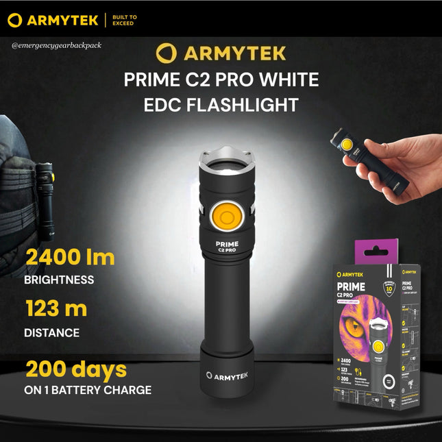 Armytek Prime C2 Pro White ไฟฉาย EDC 2400 ลูเมน ลำแสงกว้าง 123 เมตร ใช้งานประจำวันและงานภาคสนาม