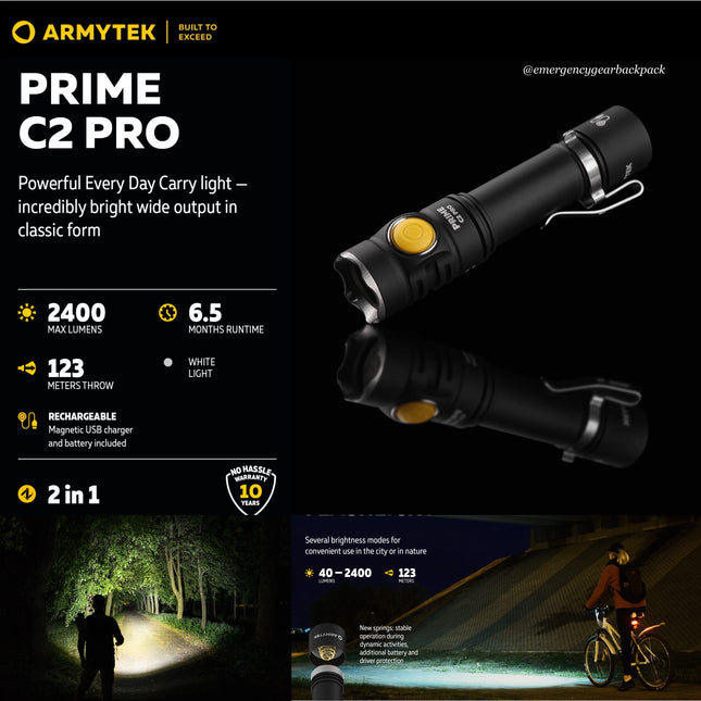 Armytek Prime C2 Pro อินโฟกราฟิกแสดงสเปกและลำแสง TIR Optics