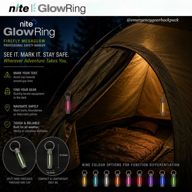 Firefly MegaGlow สีชมพูและสีขาวติดบริเวณปากเต็นท์ พร้อมตัวอย่างสีที่มีให้เลือก