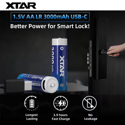 XTAR 1.5V AA LR 3000mAh USB-C Lithium Battery สำหรับ Digital Door Lock และอุปกรณ์สมาร์ทโฮม