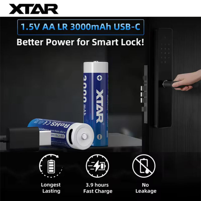 XTAR 1.5V AA LR 3000mAh USB-C Lithium Battery สำหรับ Digital Door Lock และอุปกรณ์สมาร์ทโฮม