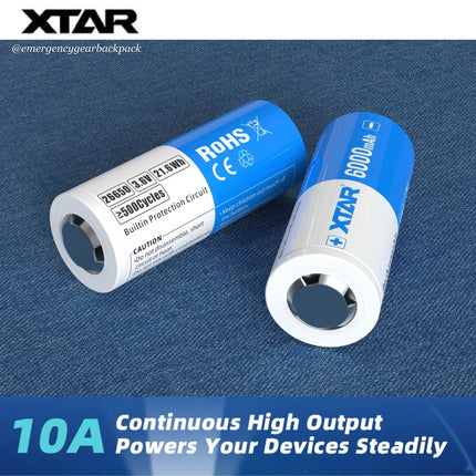 XTAR 26650 6000mAh 3.6V 10A Big Button Top  Li-ion Rechargeable Battery