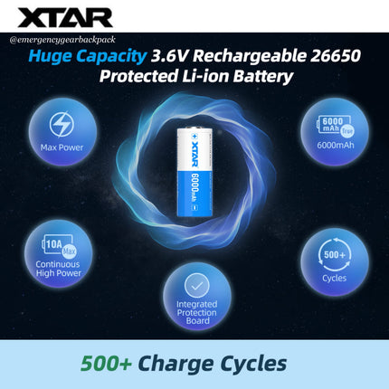 XTAR 26650 6000mAh 3.6V 10A Big Button Top  Li-ion Rechargeable Battery