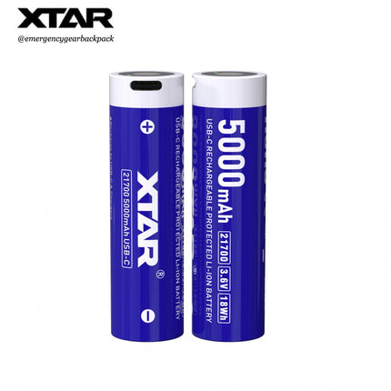 Two XTAR batteries with blue and white design on a white background