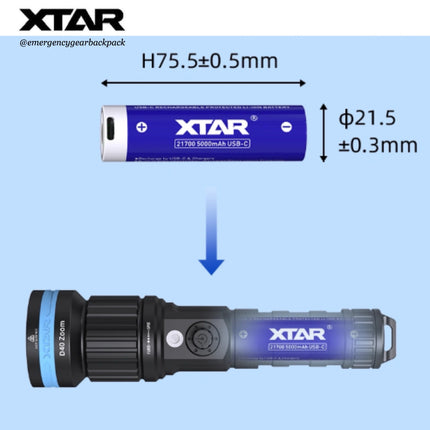 XTAR flashlight and battery with dimensions on a light blue background