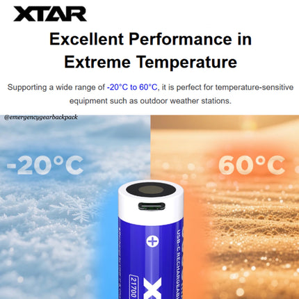 XTAR battery with temperature range illustration on a white background