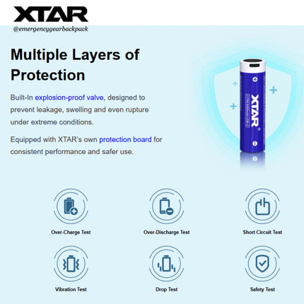 XTAR battery with safety features and protection layers on a white background