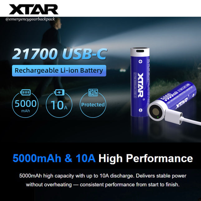 XTAR 21700 USB-C rechargeable Li-ion battery with charging cable on a dark background