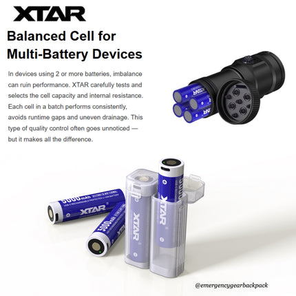 XTAR batteries and charger on a white background with product description text.
