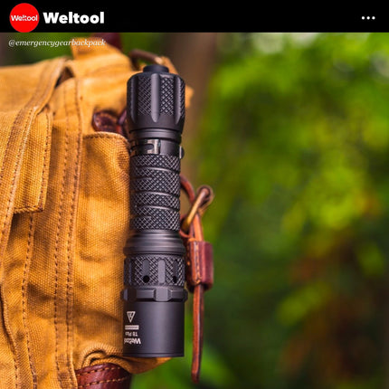 Weltool T8Plus on a yellow backpack, compact and easy to carry on.