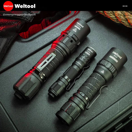 Weltool T8Plus and its family. Three flashlights on a black surface with 'Weltool' branding.