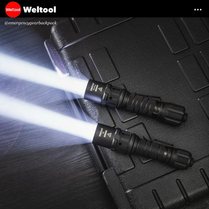 Weltool T8Plus  flashlights emitting light on a black textured surface with Weltool branding.
