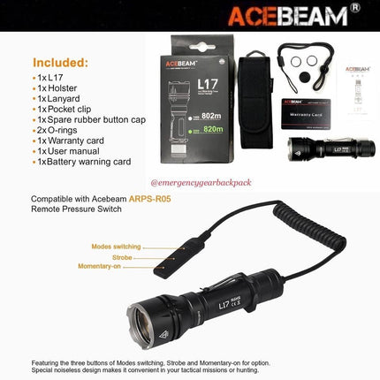 ACEBEAM L17 Ultra - long Range Flashlight (ไม่รวมแบตเตอรี่) - Emergency Gear Backpack
