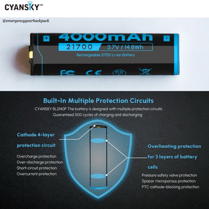 Cyansky BL2140P 21700 4000mAh 3.7V 35A High Drain Li - ion Rechargeable Battery - Emergency Gear Backpack