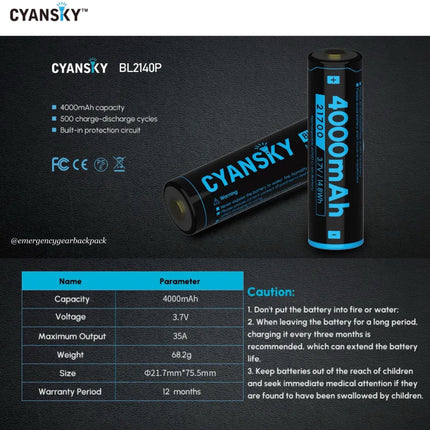 Cyansky BL2140P 21700 4000mAh 3.7V 35A High Drain Li - ion Rechargeable Battery - Emergency Gear Backpack