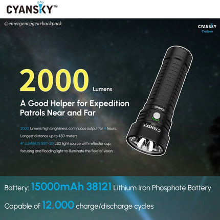 Cyansky Carbon Portable Steady Beam Searchlight 2000 Lumens 450M - Emergency Gear Backpack