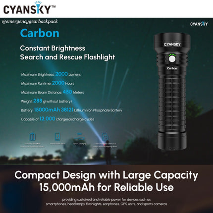 Cyansky Carbon Portable Steady Beam Searchlight 2000 Lumens 450M - Emergency Gear Backpack
