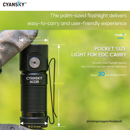 Cyansky M23R HIgh Performannce EDC Flashlight 1200 Lumens 110M - Emergency Gear Backpack