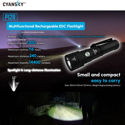 Cyansky P12R Multifunction EDC Flashlight 1300 Lumens 240M - Emergency Gear Backpack