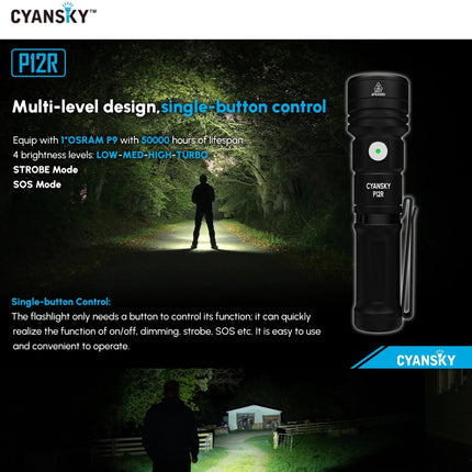 Cyansky P12R Multifunction EDC Flashlight 1300 Lumens 240M - Emergency Gear Backpack