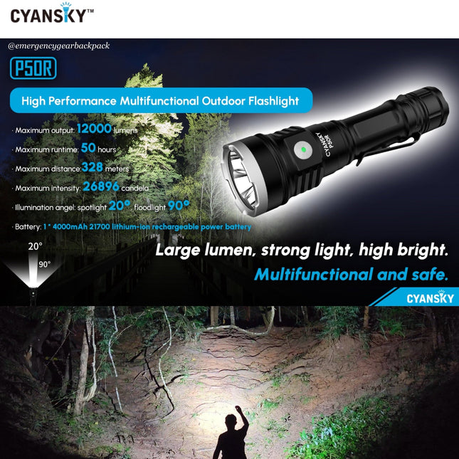 Cyansky P50R High Performance Outdoor Flashlight 12000 Lumens 328M - Emergency Gear Backpack
