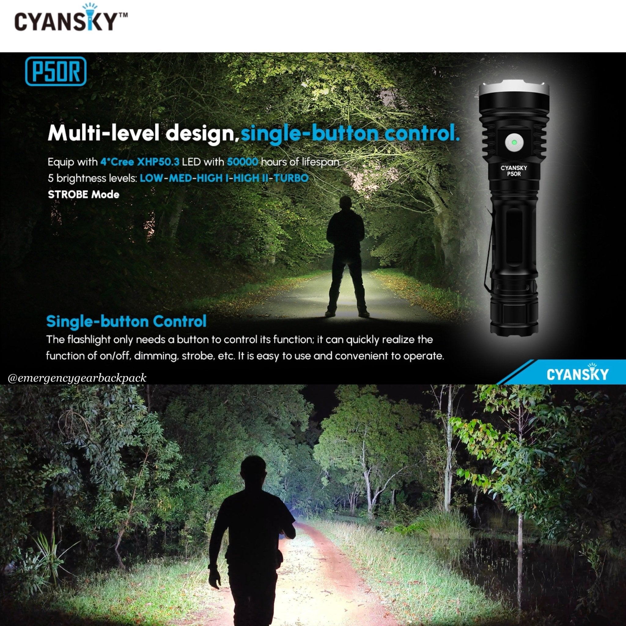 cya-50 rechargeable flashlight Cyansky P50R High Performance Flashlight 12000 LM 328M – Emergency Gear Backpack