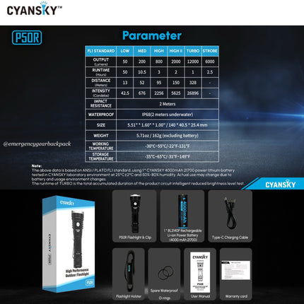Cyansky P50R High Performance Outdoor Flashlight 12000 Lumens 328M - Emergency Gear Backpack