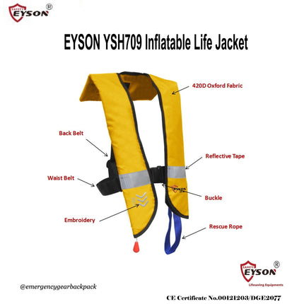 EYSON YSH709 Inflatable Life Jacket CE/SOLAS Certified - Emergency Gear Backpack