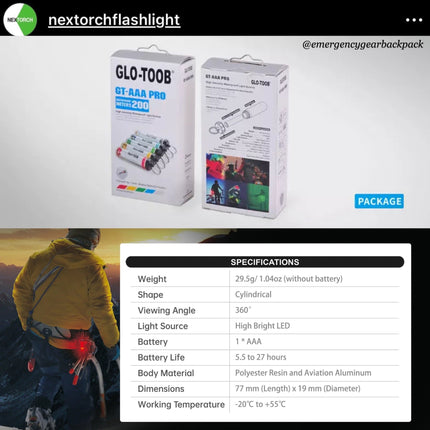 NEXTORCH Glo - Toob GT - AAA PRO Emergency Marker Light 200M Diving Depth - Emergency Gear Backpack