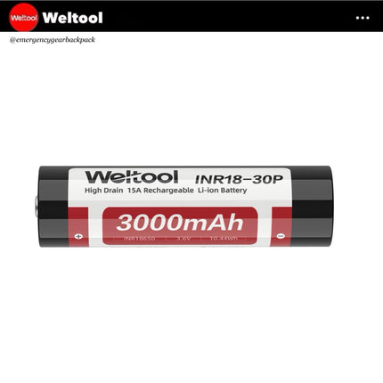 Weltool INR18 - 30P 18650 3.6V 3000mAh 15A High Drain Rechargeable Li - ion Battery - Emergency Gear Backpack