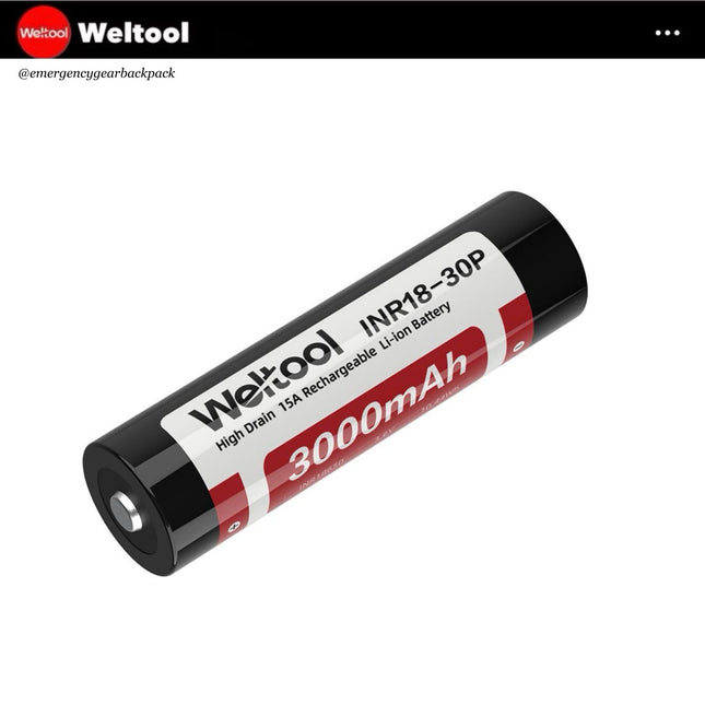 Weltool INR18 - 30P 18650 3.6V 3000mAh 15A High Drain Rechargeable Li - ion Battery - Emergency Gear Backpack
