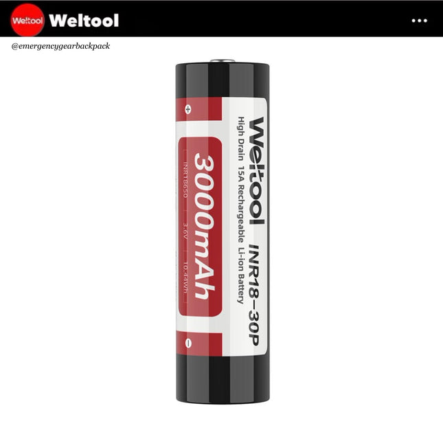 Weltool INR18 - 30P 18650 3.6V 3000mAh 15A High Drain Rechargeable Li - ion Battery - Emergency Gear Backpack
