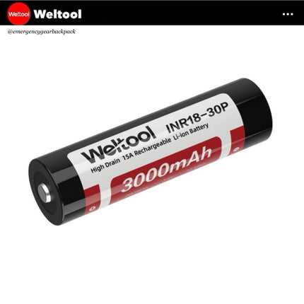 Weltool INR18 - 30P 18650 3.6V 3000mAh 15A High Drain Rechargeable Li - ion Battery - Emergency Gear Backpack