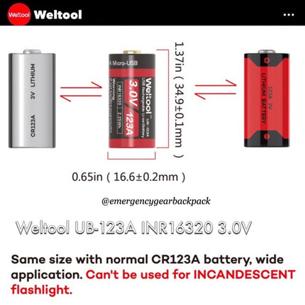 Weltool UB - 123A 750mAh 3.0V USB Rechargeable Li - ion Battery - Emergency Gear Backpack